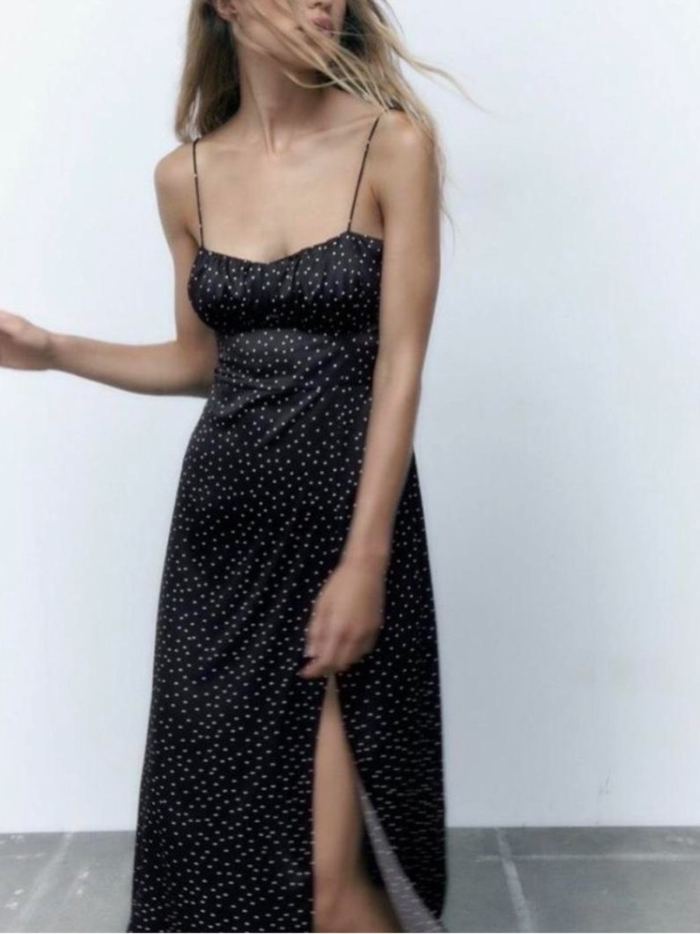 ZARA Black Polka Dot Slip Dress with Side Slit SzS